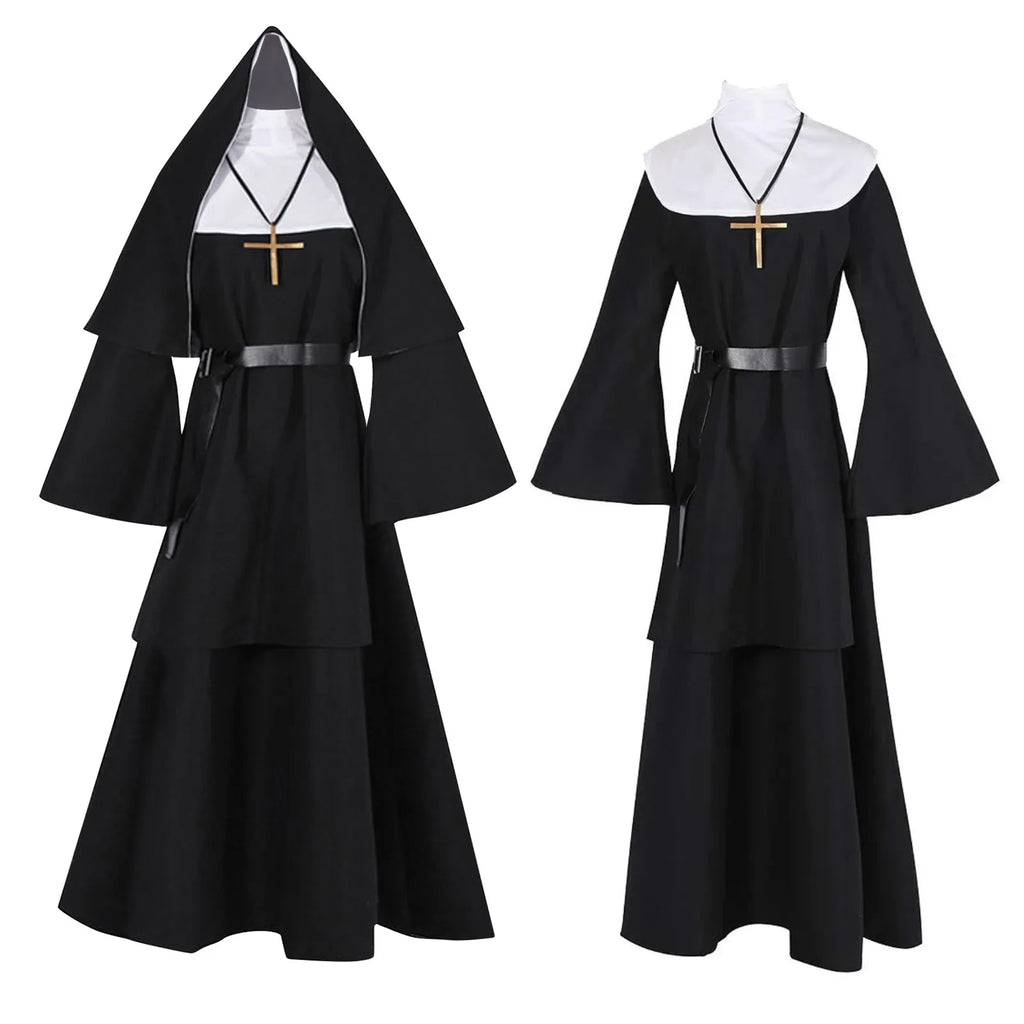 Halloween Nun Cosplay Costume – 4-Piece Set with Cape & Accessories