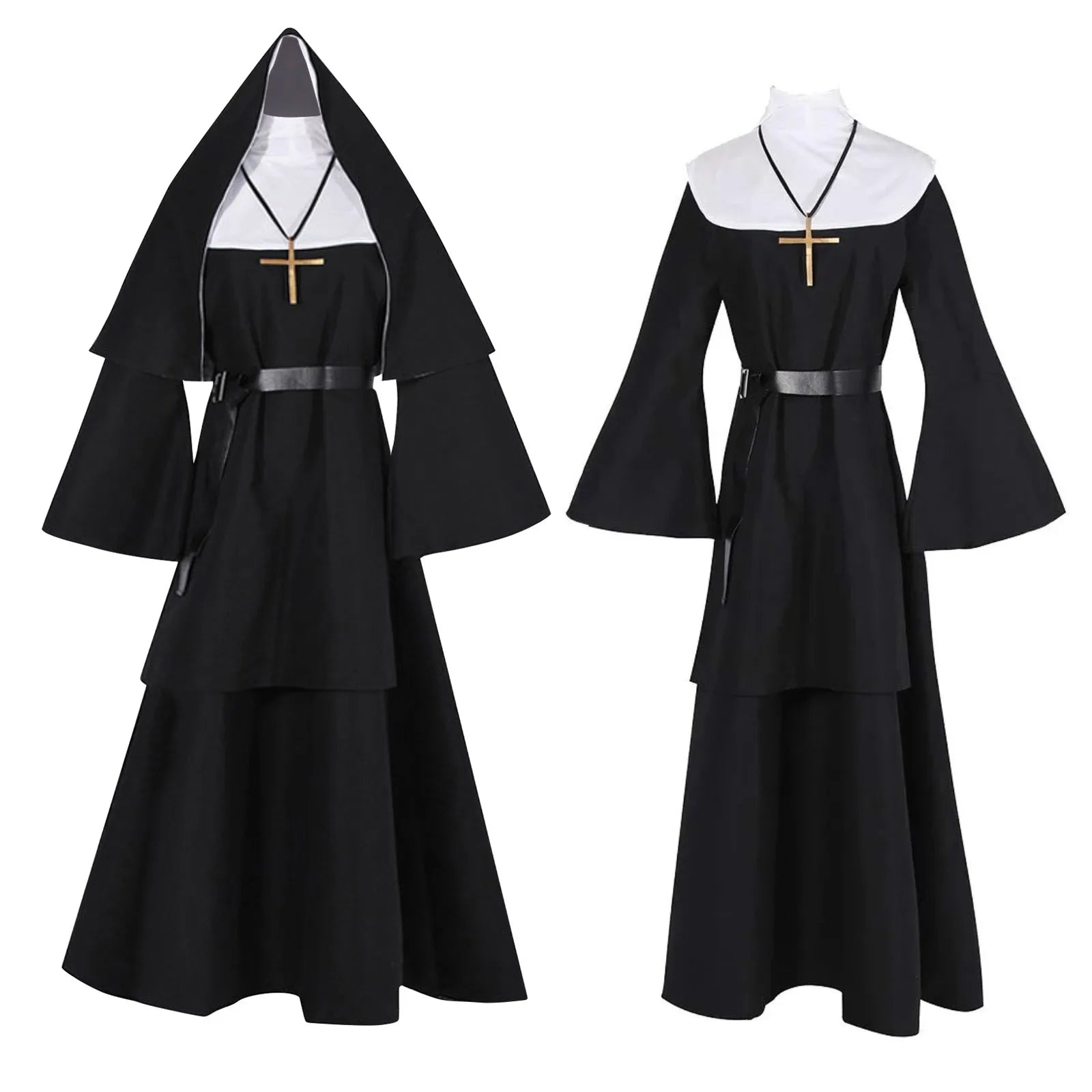 Halloween Nun Cosplay Costume – 4-Piece Set with Cape & Accessories