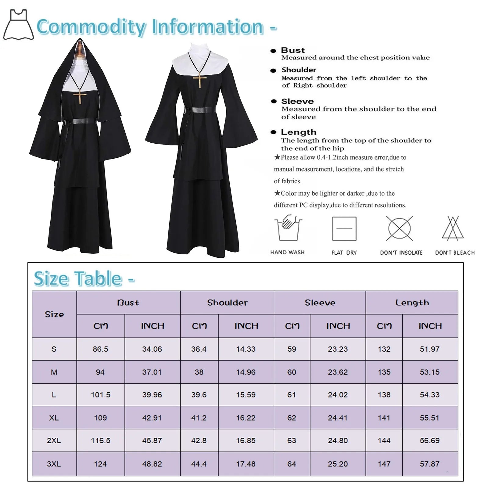 Halloween Nun Cosplay Costume – 4-Piece Set with Cape & Accessories