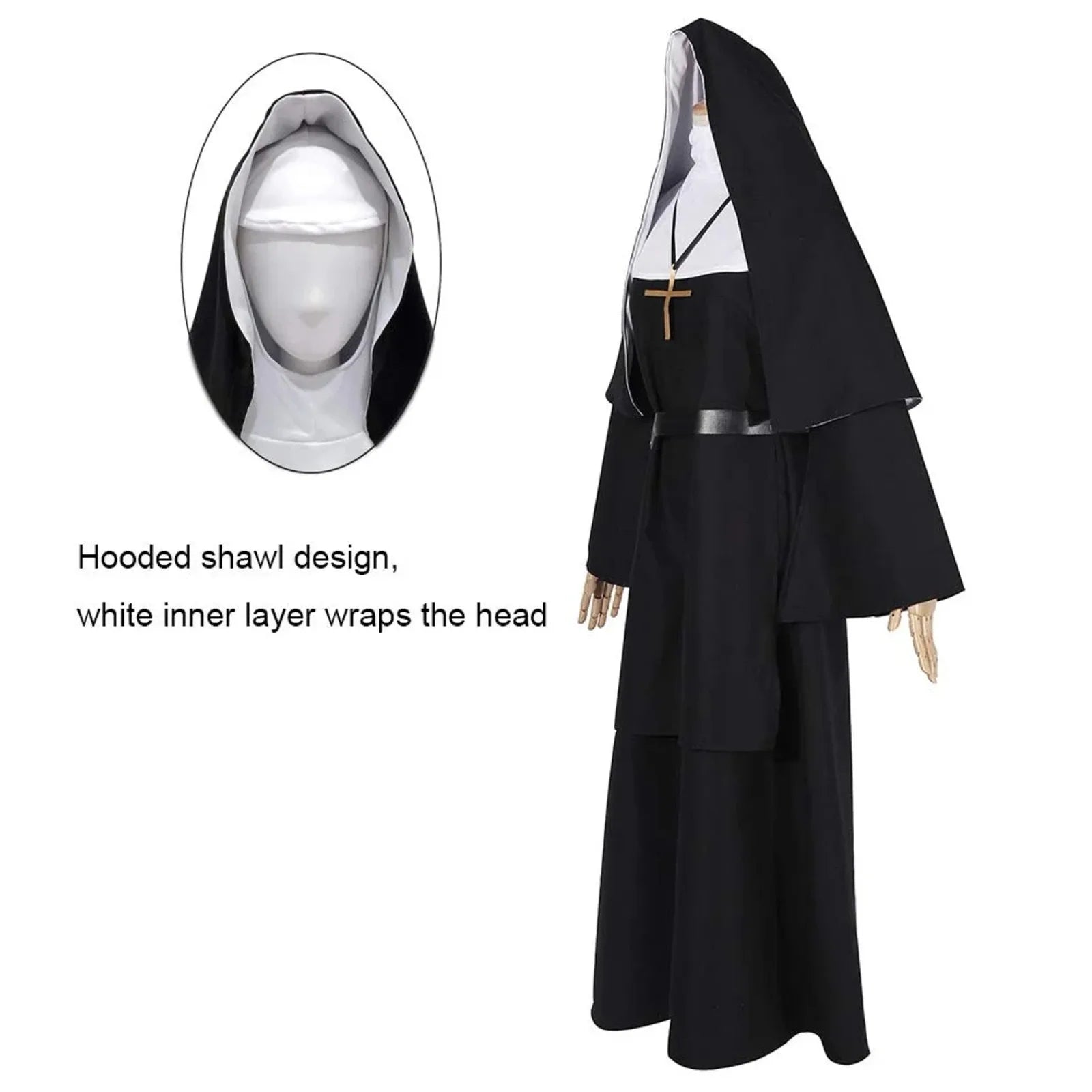 Halloween Nun Cosplay Costume – 4-Piece Set with Cape & Accessories
