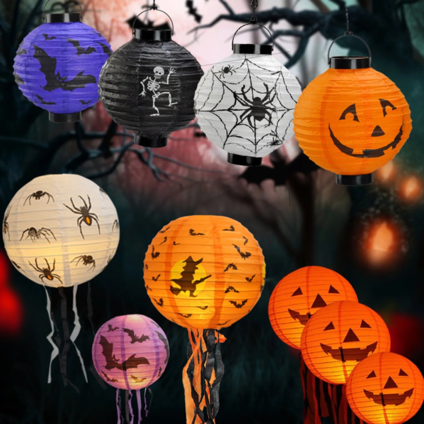Halloween Paper Lanterns – Pumpkin, Spider & Skeleton Hanging Decor